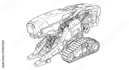 Futuristic mech robot with tracks in detailed linear design