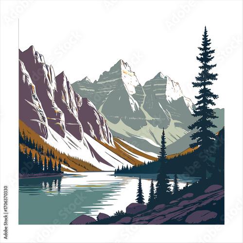 Vector illustration of snowy mountain landscape with pine trees.