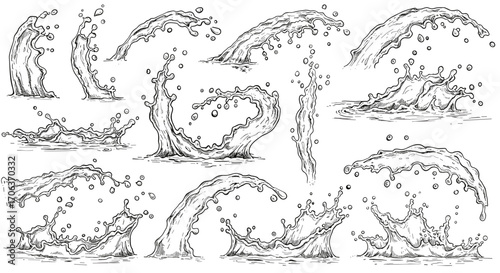 Black and white engraving sketch of water splashes and drops collection, isolated on white background, vintage etching style illustration