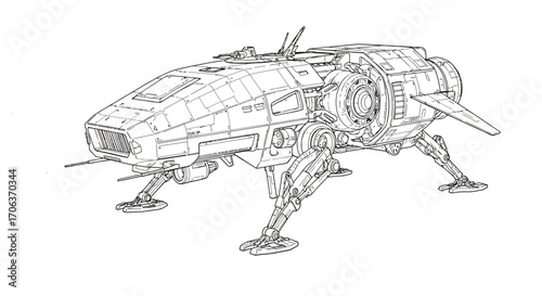 Futuristic mecha walker design with mechanical details and high tech features