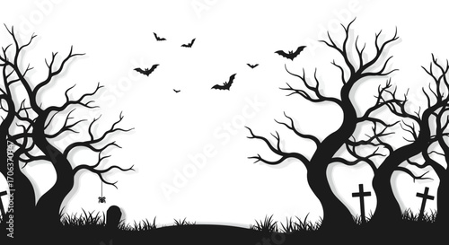 Spooky halloween silhouette with bats and bare trees in a graveyard scene