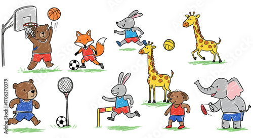 Cute animals playing various sports in a fun and colorful cartoon style