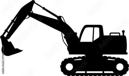Black silhouette of an excavator construction machine. Isolated vector ideal for industrial, mining, earthmoving, and heavy equipment design use. Editable silhouette of heavy construction machinery.