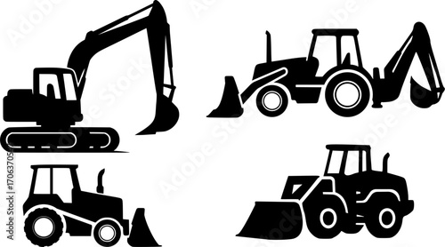 Set of black silhouette icons of excavator, backhoe loader, skid steer, and wheel loader. Isolated vector for industrial, construction, and heavy equipment use. Editable heavy machinery silhouette.