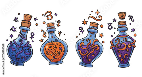 Enchanting potion bottles with magical symbols and colors in cartoon style