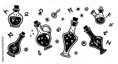 Magic potion bottles with zodiac symbols and stars in monochrome design