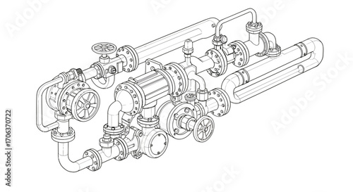 Industrial pipeline system diagram featuring valves and joints in linear style