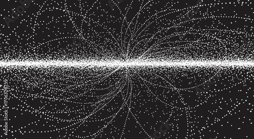 Abstract particle array on black background creating energy flow pattern