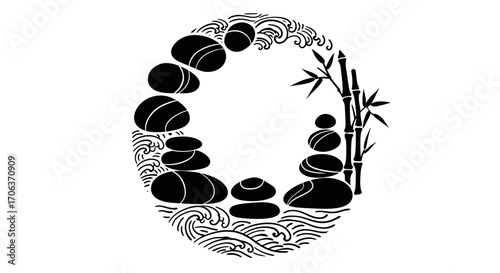 Tranquil zen circle with stones bamboo and waves silhouette design