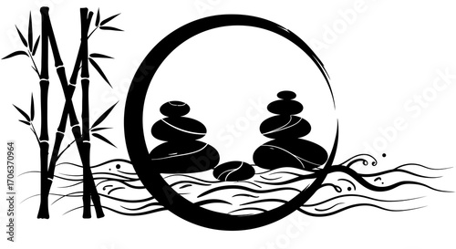 Zen stones and bamboo in minimalist black and white serenity circle