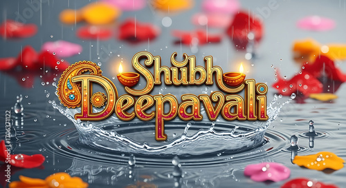 Diwali shubh deepavali greeting with diya lamps and flower petals creates a festive atmosphere for diwali, the hindu festival of lights and celebration