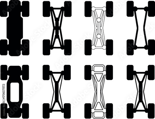 This image shows a collection of different vehicle chassis designs, depicted as top-down silhouettes.