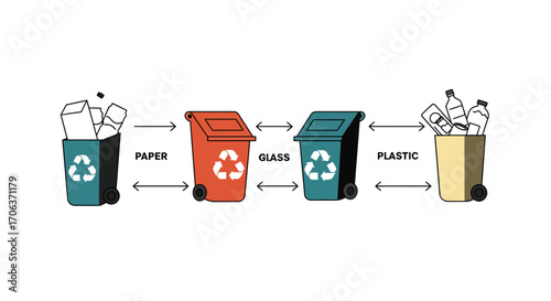 Recycling bin icons for paper, glass, plastic with arrows and symbols