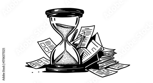 Retro hourglass with scattered papers illustrating time management theme