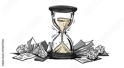 Time management concept with hourglass and scattered papers in hand-drawn style