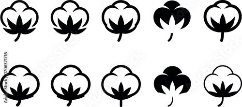 This image showcases a collection of black and white cotton plant icons.