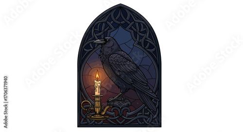 Gothic stained glass raven with candlelight in intricate nighttime design