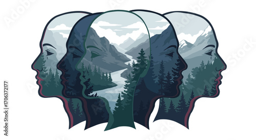 Surreal landscape silhouettes blending nature with human profiles