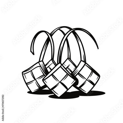 Hand drawn illustration of three ketupat rice cakes on white background