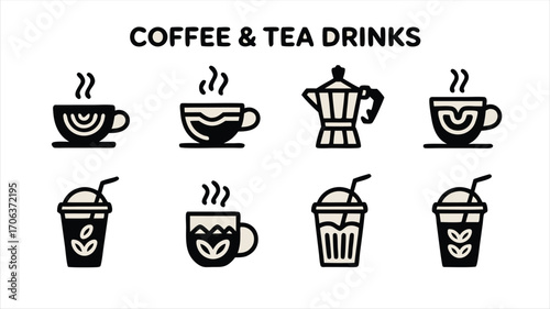 Collection of stylized icons representing various coffee and tea beverages hot and cold drinks served in cups and to go containers
