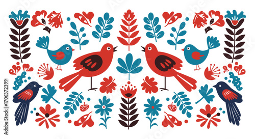 Folklore bird pattern with floral motifs in vibrant colors