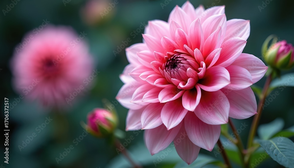 Fototapeta premium Close-up watercolor illustration of pink dahlia in full bloom. Botanical art features detailed petals, buds, rich green foliage. Soft pink hues blend with darker centers, creating vibrant, natural