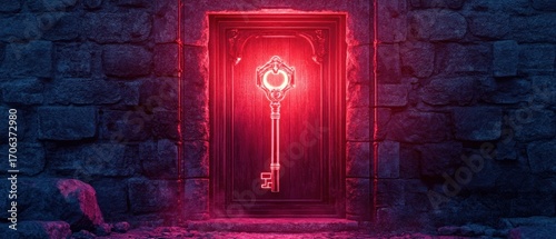 Illuminated key on ancient door mystery secret access concept