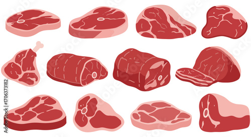 various cuts of fresh raw beef meat displayed