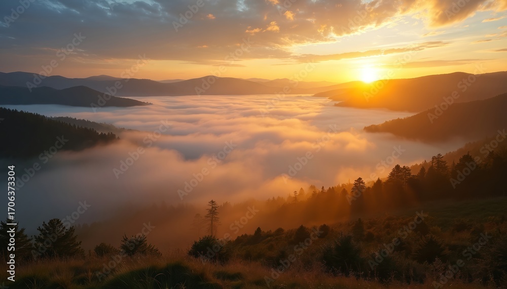 Obraz premium Sunrise illuminates fog-covered hills with golden light. Peaceful morning landscape unfolds with gentle mist rolling through valleys, forests. Nature awakens, offering serene views for travel,