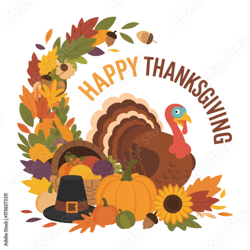 A festive Thanksgiving holiday illustration featuring a traditional turkey, pilgrim hat, and a harvest basket with autumn foliage