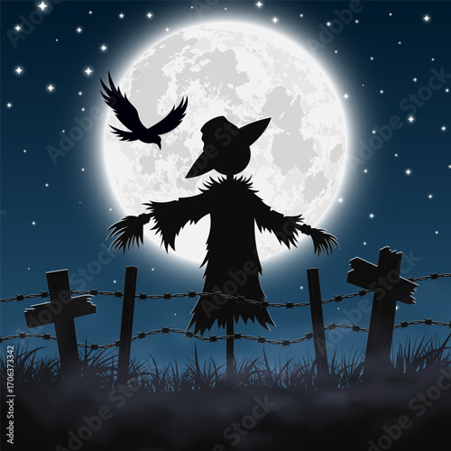 Spooky Scarecrow Silhouette. Creepy Cemetery. Halloween Background