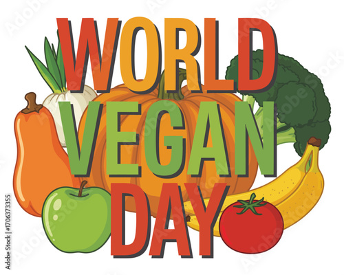 World Vegan Day celebrated with a vibrant and colorful illustration showcasing a variety of fresh fruits and vegetables to promote plant-based eating