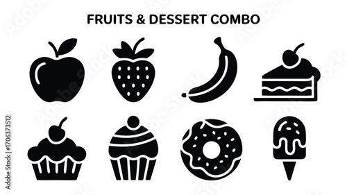 Collection of Delicious Fruity and Sweet Dessert Icons Representing a Variety of Treats