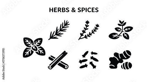 A Collection of Stylized Silhouette Icons Representing Various Herbs and Spices Commonly Used in Cooking and Flavoring Food Preparations