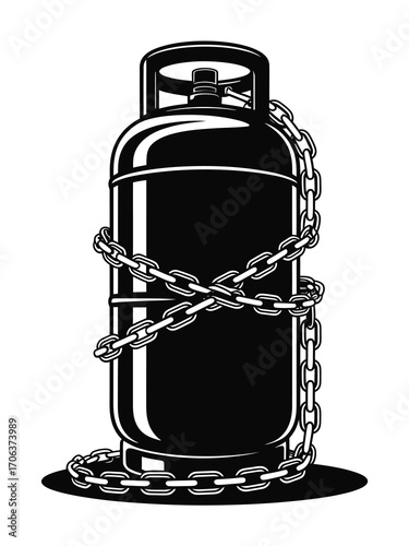 Black propane tank secured with heavy metal chains