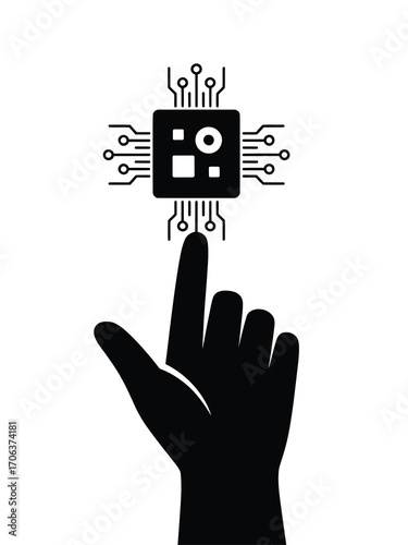 Finger touching a digital microchip with circuit board connections