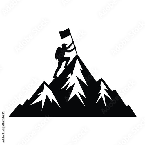 Silhouette of a climber planting a flag on a snowy mountain peak