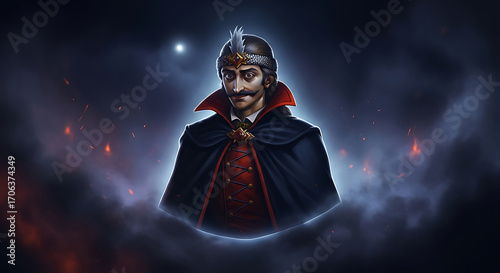 Halloween a regal portrait of vlad the impaler, capturing his stern gaze and imposing presence amidst a dark, atmospheric backdrop filled with mystery