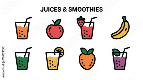 A Colorful Assortment of Fresh Fruit Juices and Creamy Smoothies Represented by a Delightful Icon Set