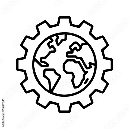 Global business and technology concept with gear and world map, symbolizing innovation and worldwide connectivity for modern digital enterprises