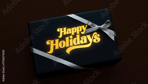 Wallpaper Mural Elegant black gift box with happy holidays text and silver ribbon Torontodigital.ca