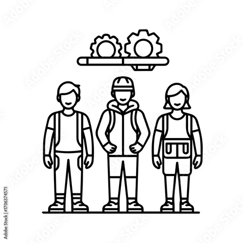 Teamwork and collaboration concept featuring three people standing together ready to work, with gears representing cooperation and problem solving