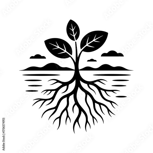 Growth illustration with plant and roots, symbol of sustainability, perfect for eco-friendly brands and organic product designs, originally vector art