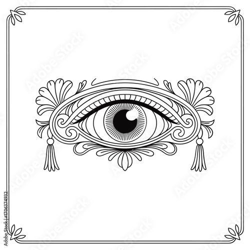 Ornate eye symbol with decorative flourishes and tassels