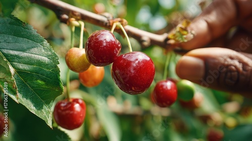 Wallpaper Mural A Farmers Hand Gently Picking a Cluster of Sun-Kissed, Ripe Red Cherries. Torontodigital.ca