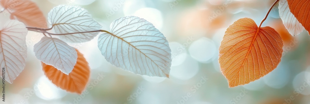 Fototapeta premium Delicate pastel leaf pattern with bokeh effect creates elegant, nature-inspired background ideal for wellness, eco, or seasonal marketing visuals