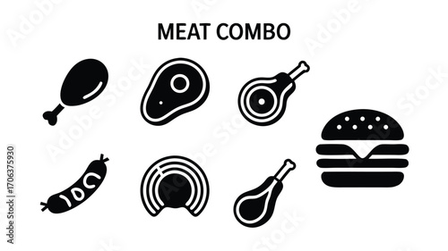 A Collection of Delicious Meat Icons Representing Various Cuts and Prepared Dishes for Culinary Themes