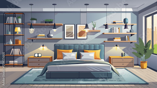 Chic contemporary bedroom with muted gray walls, upholstered headboard, floating shelves, and warm accent lighting, offering a tranquil modern sanctuary.