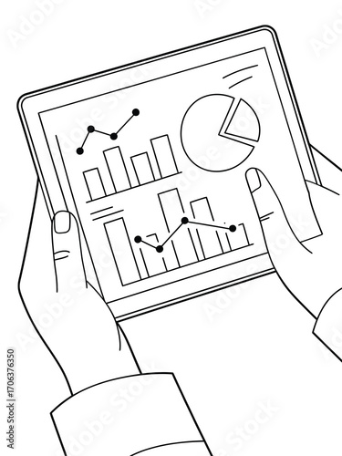 Hands holding tablet displaying business analytics charts and graphs