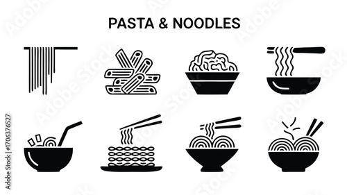 Collection of Eight Diverse Pasta and Noodle Related Icons Presented in a Clean Black and White Style for Culinary or Food Service Applications